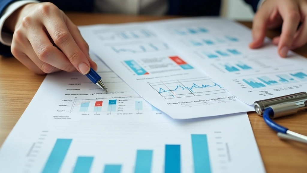 Close-up of hands comparing health insurance plan documents and coverage details at wooden desk, organized paperwork with hea