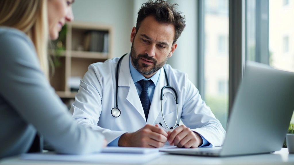 Professional psychiatrist in white coat reviewing patient mental health assessment form at desk in modern clinic office setti