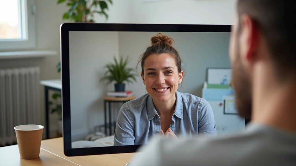 Telehealth mental health session showing therapist on computer screen during remote video counseling session in home office