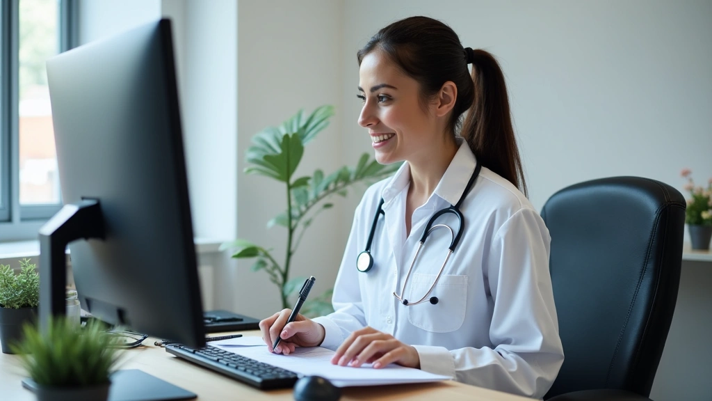 Healthcare billing specialist reviewing CPT codes and insurance documentation at computer workstation in medical office