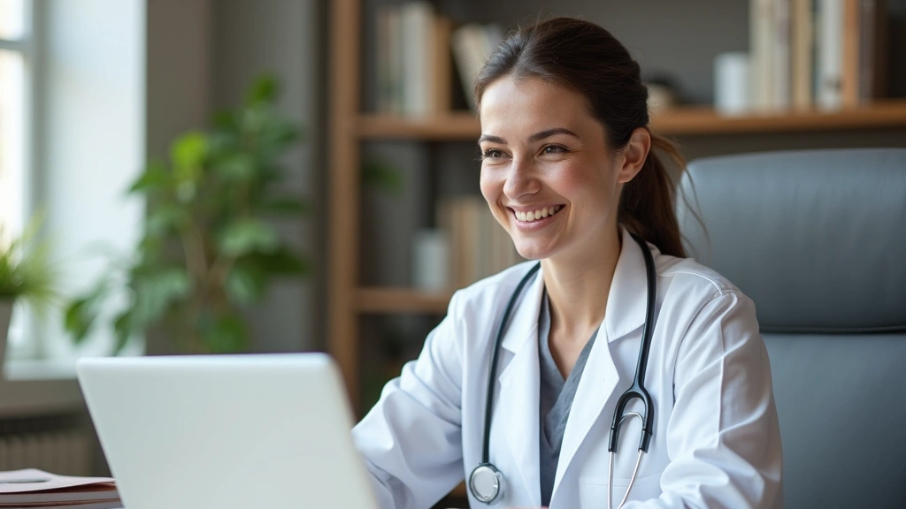 Professional female physician in white coat smiling during video call consultation on laptop in home office setting with medical books visible