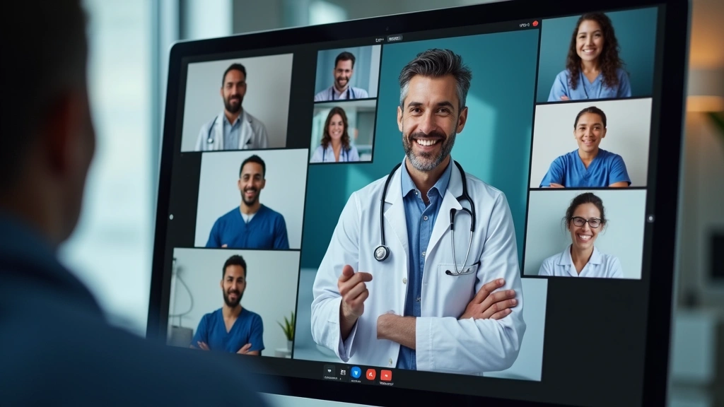 Diverse team of healthcare professionals in virtual meeting on computer screens showing collaborative telehealth work environ