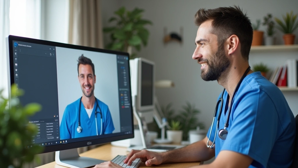 Male nurse practitioner in scrubs conducting patient telehealth appointment from home office with medical equipment and compu