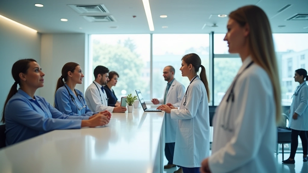 Professional medical clinic reception area with diverse patients checking in, modern healthcare facility interior, bright lighting, welcoming atmosphere