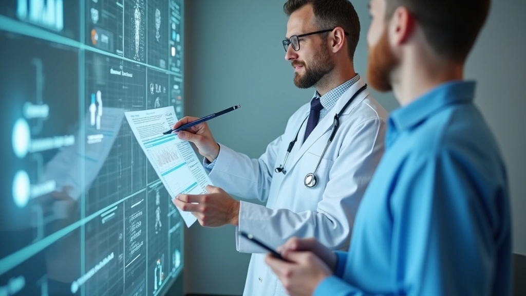 Doctor in white coat reviewing patient medical chart in modern examination room, professional medical setting, digital health