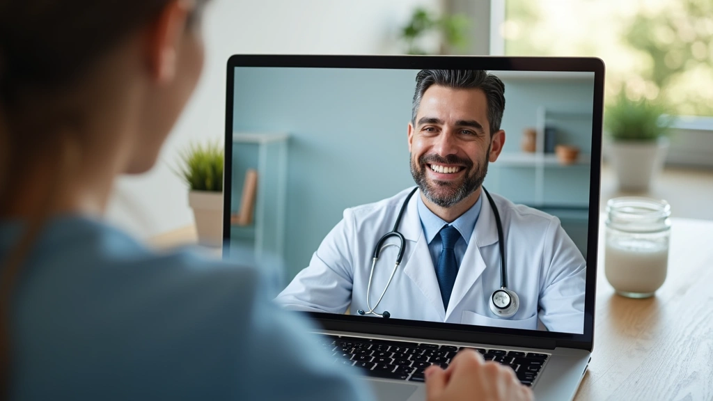 Telemedicine consultation setup showing patient on video call with healthcare provider, home healthcare environment, laptop v