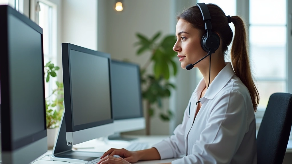 Professional woman wearing headset at home desk with multiple monitors, healthcare company setting, natural lighting, focused expression, modern workspace setup