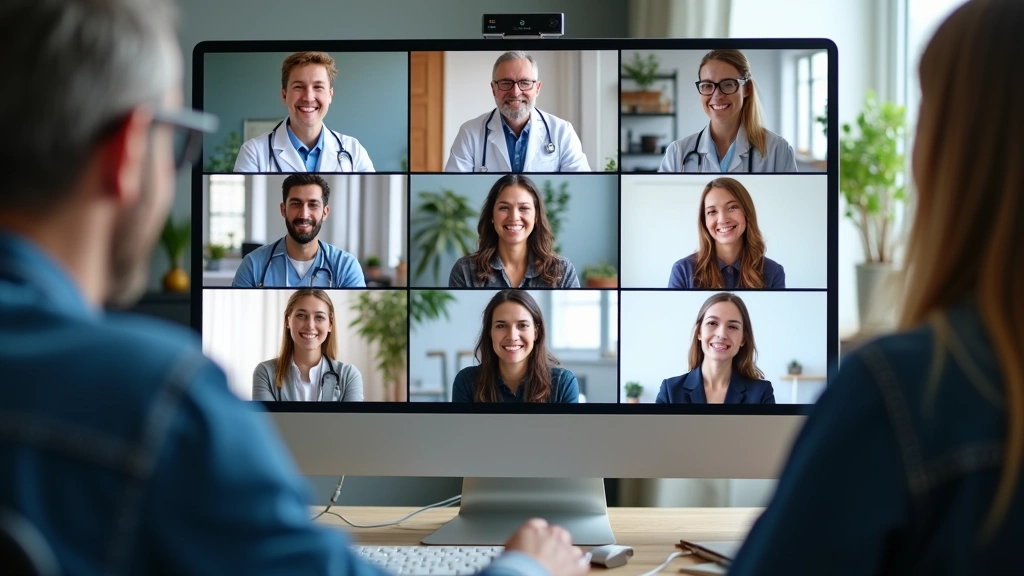 Diverse team of remote healthcare professionals in home offices participating in video conference call on computer screens, p