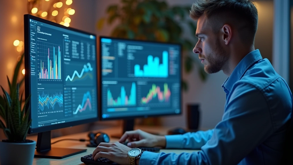 Male data analyst working from home office with charts and analytics displayed on computer monitors, healthcare metrics visib