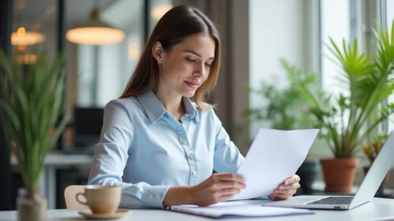 Professional woman at desk reviewing retirement plan documents with laptop, neutral office background, natural lighting