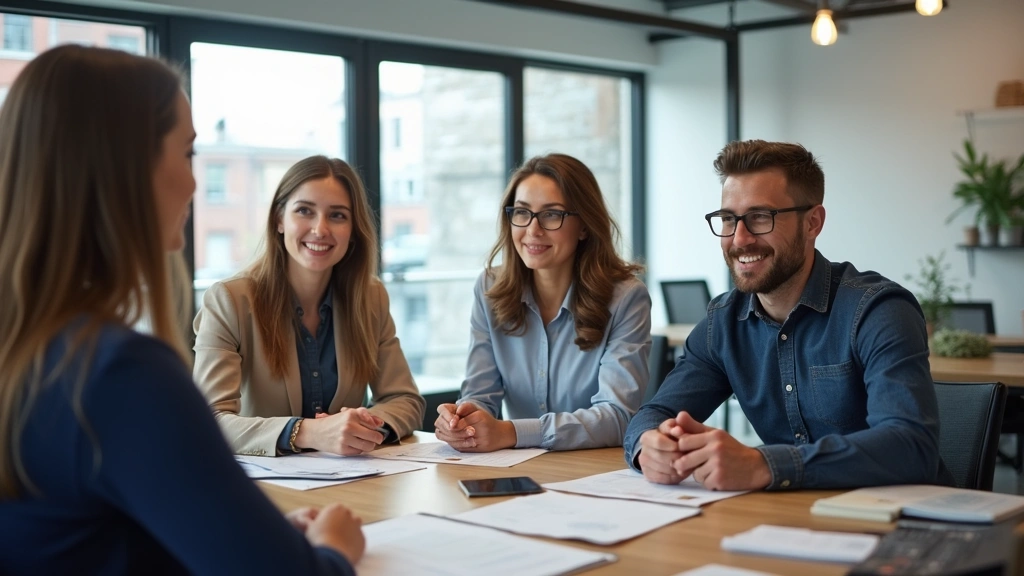 Diverse employees in modern office setting discussing financial planning with benefits advisor, professional attire