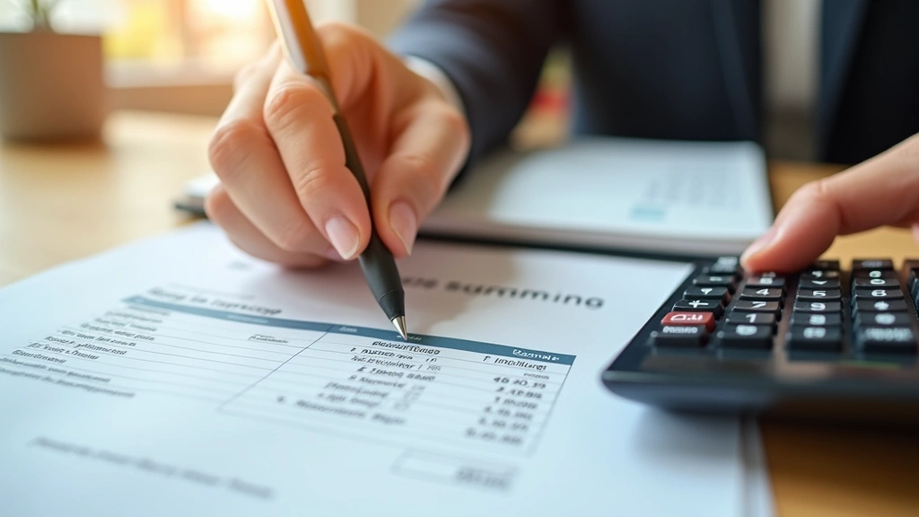 Close-up of hands holding retirement savings statement and calculator, minimalist workspace, warm lighting