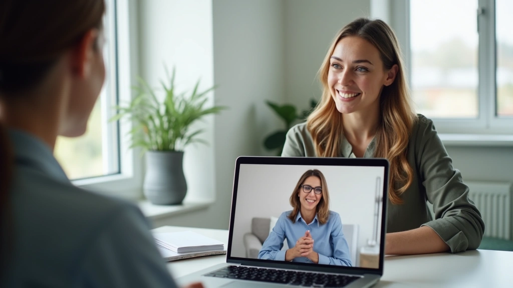 Professional woman therapist during virtual mental health video session on laptop, calm clinical office background, patient perspective