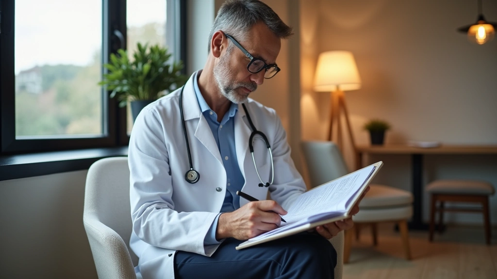Licensed psychiatrist reviewing patient intake form on tablet in modern telehealth clinic, warm professional environment, med