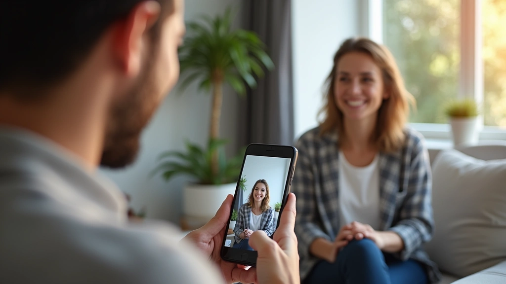 Diverse patient smiling during secure video therapy session on smartphone at home, comfortable living room, genuine relief ex