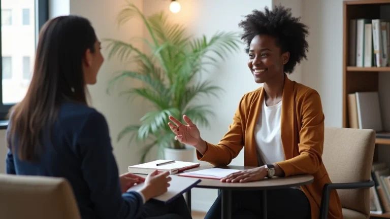 Professional Black female therapist conducting mental health counseling session in modern clinical office, compassionate expression, notebook on desk, warm lighting, patient in comfortable chair