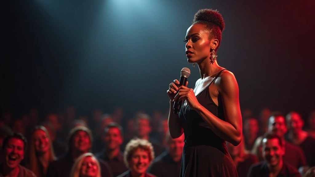 Female R&B performer on stage during concert, spotlight illuminating face, crowd visible in background, professional stage se