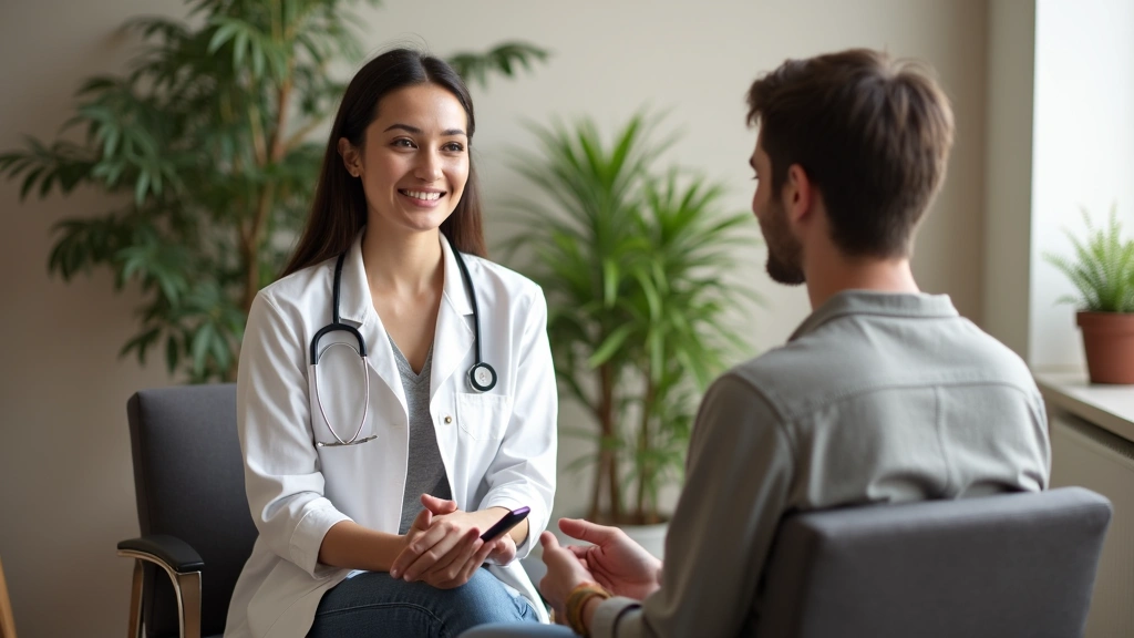 Licensed therapist and patient in therapy session, comfortable office setting with plants, warm neutral tones, therapeutic en