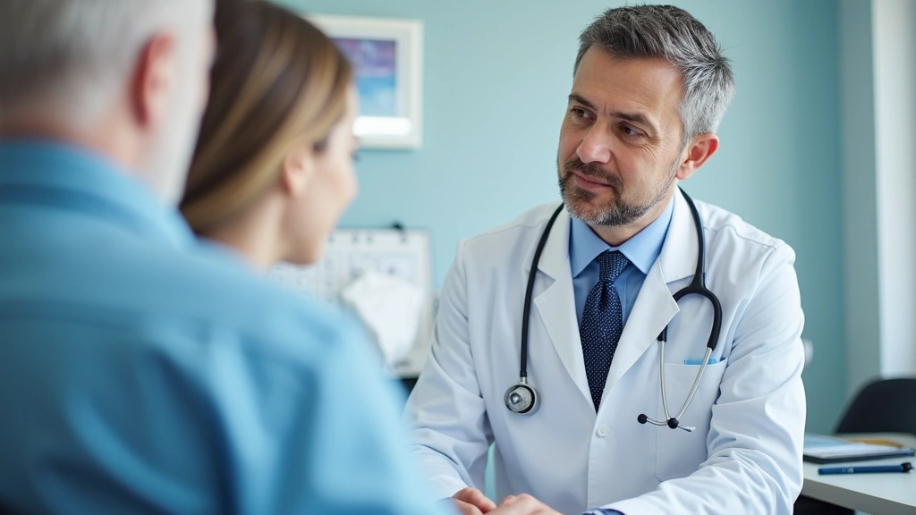 Professional gastroenterologist in white coat examining patient in modern medical office, clinical setting with medical equipment visible