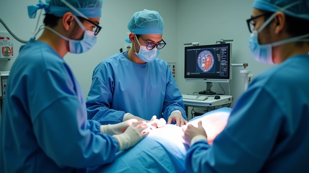 Patient receiving colonoscopy procedure in hospital operating room with medical staff and modern endoscopy equipment