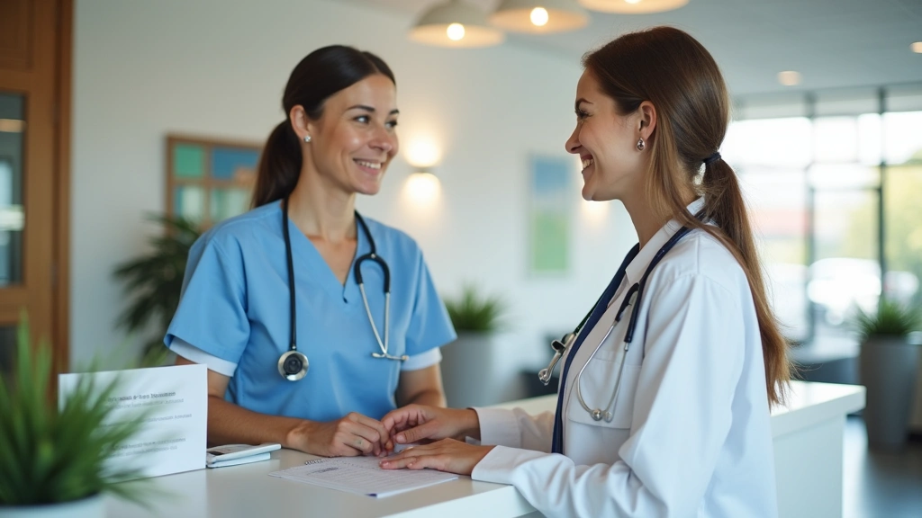 Friendly medical receptionist at desk helping patient with appointment scheduling in bright, welcoming healthcare clinic lobb