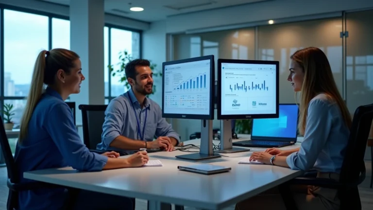 Professional healthcare digital marketing team collaborating on patient engagement strategy in modern office setting with multiple computer monitors displaying analytics dashboards