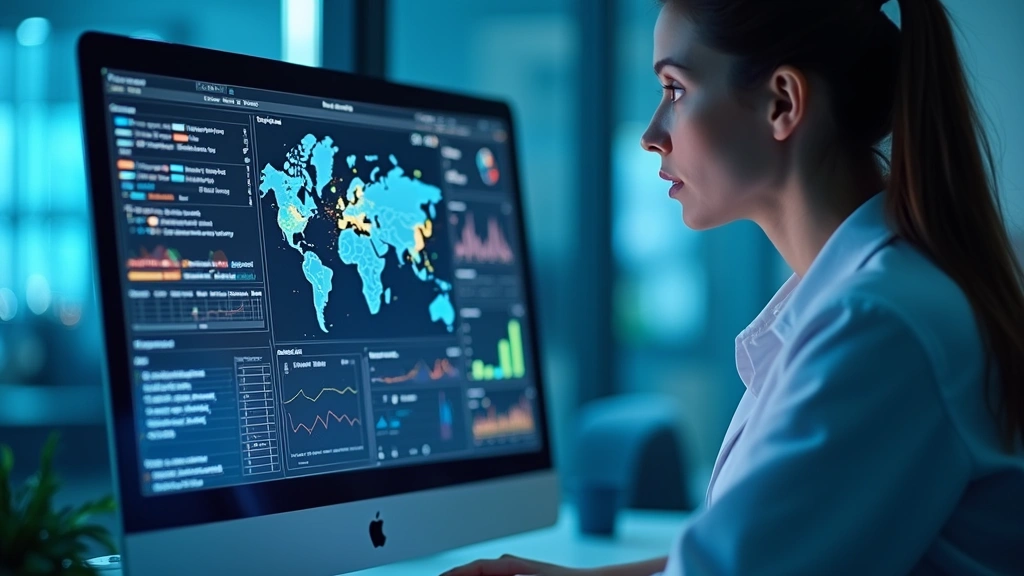 Healthcare technology professional analyzing real-world patient data and AI analytics on computer screen in clinical research