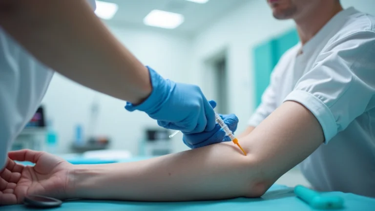 Professional phlebotomist drawing blood from patient's arm in modern clinical laboratory setting with medical equipment visible in background
