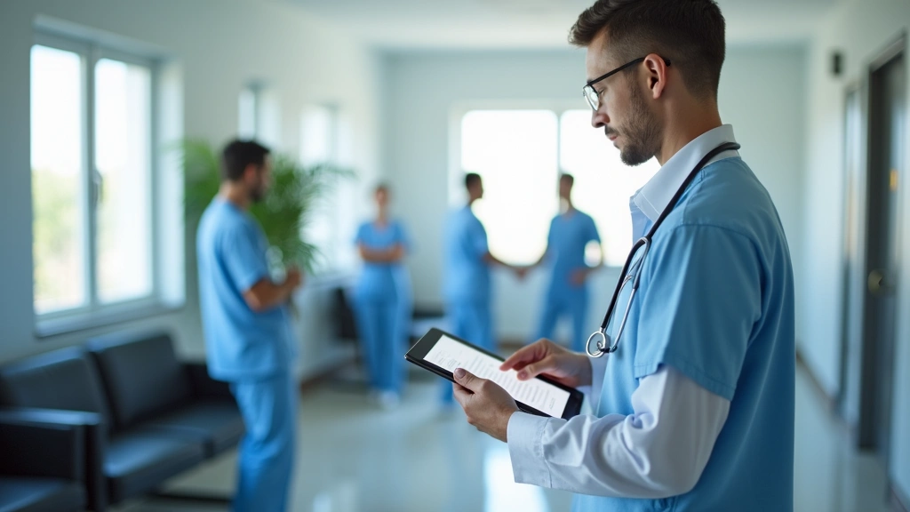 Patient checking lab results on digital tablet in bright, clean medical facility waiting area with healthcare staff in backgr