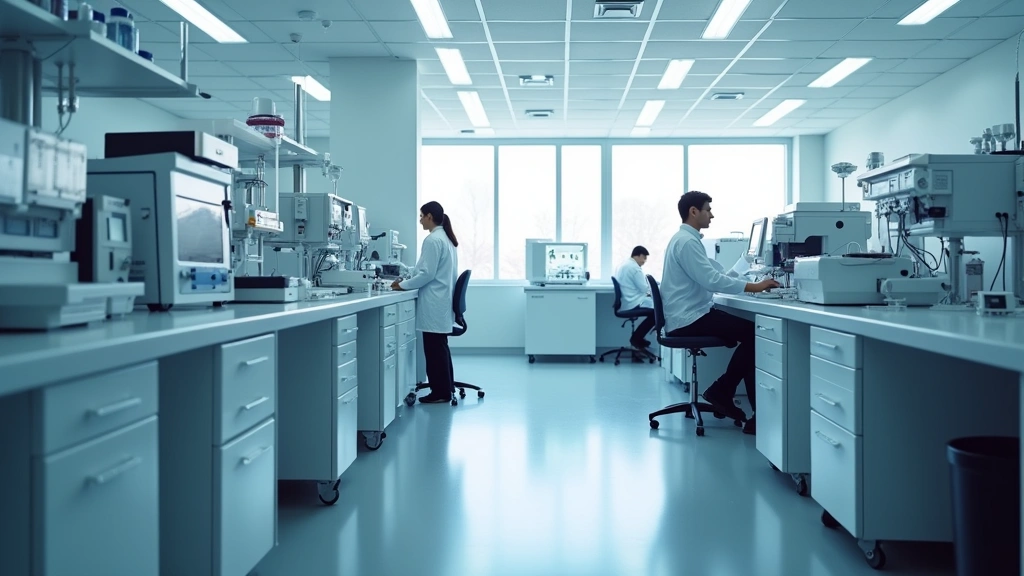 Interior of modern diagnostic laboratory with automated analyzers and technicians in white coats working at stations