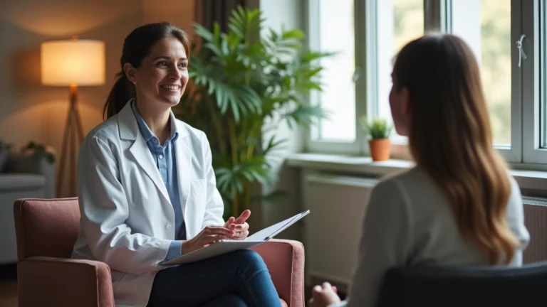 Professional therapist in modern clinical office conducting individual therapy session with patient in comfortable seating, warm lighting, calming environment
