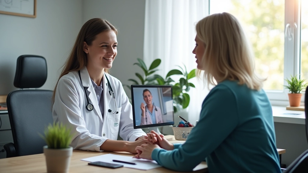 Mental health professional at desk with computer during virtual telehealth appointment, professional medical office setting, 