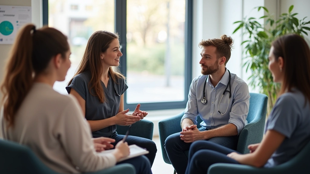 Diverse group therapy session in healthcare facility with licensed counselor facilitating discussion among patients in suppor