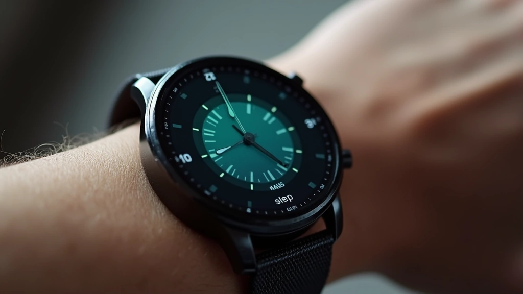 Close-up of Samsung smartwatch on wrist showing sleep tracking interface with clear time display, professional healthcare setting, soft lighting