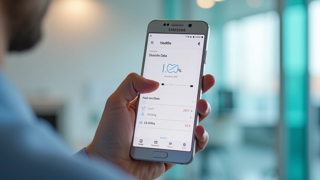 Person using smartphone to edit health data in Samsung Health app, finger on screen, clean minimalist interface, medical offi