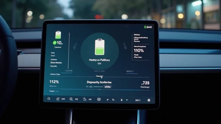 Close-up of Tesla Model 3 touchscreen display showing battery health diagnostics menu with capacity percentage and degradation data visible, professional automotive interior lighting