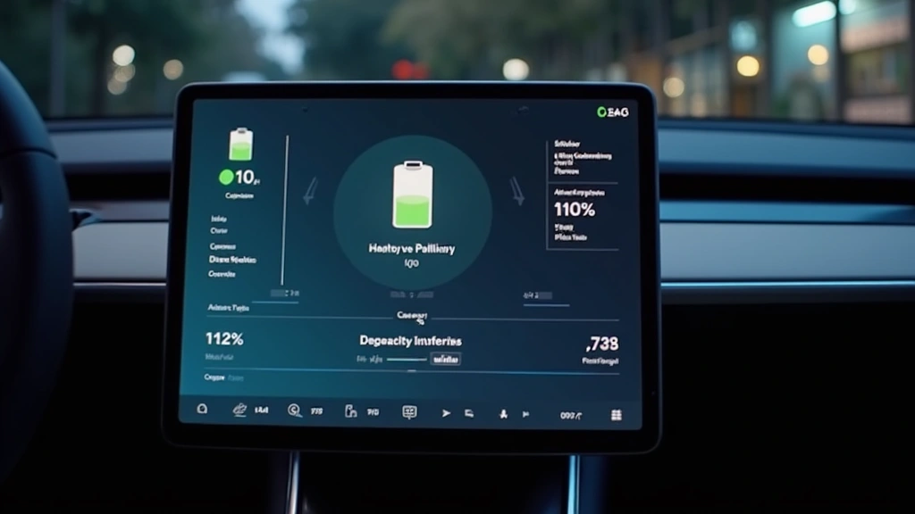 Close-up of Tesla Model 3 touchscreen display showing battery health diagnostics menu with capacity percentage and degradation data visible, professional automotive interior lighting