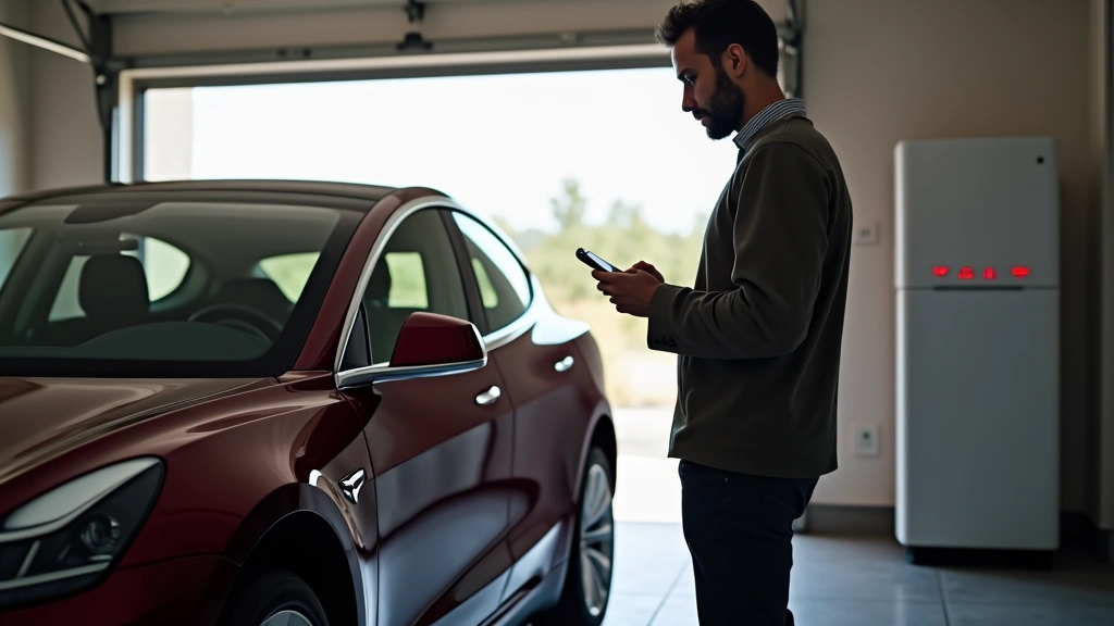 Tesla owner checking battery status on mobile app on smartphone while standing next to vehicle in home garage, natural daylig