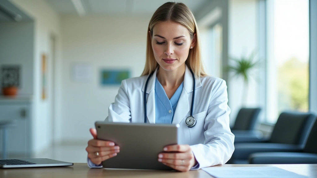 Professional woman reading health guide on tablet in bright medical clinic waiting room, natural lighting, focused expression, healthcare documents on desk