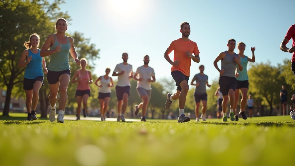 Diverse group doing outdoor fitness activities in park, jogging and stretching, sunny day, healthy lifestyle, wellness focus,