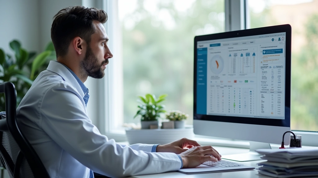 Doctor reviewing patient health records on computer screen in modern clinic office, professional medical setting, organized d
