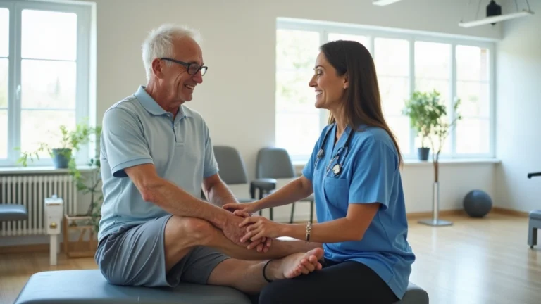 Professional physical therapist assisting senior patient with leg exercises in bright rehabilitation gym, modern equipment visible in background
