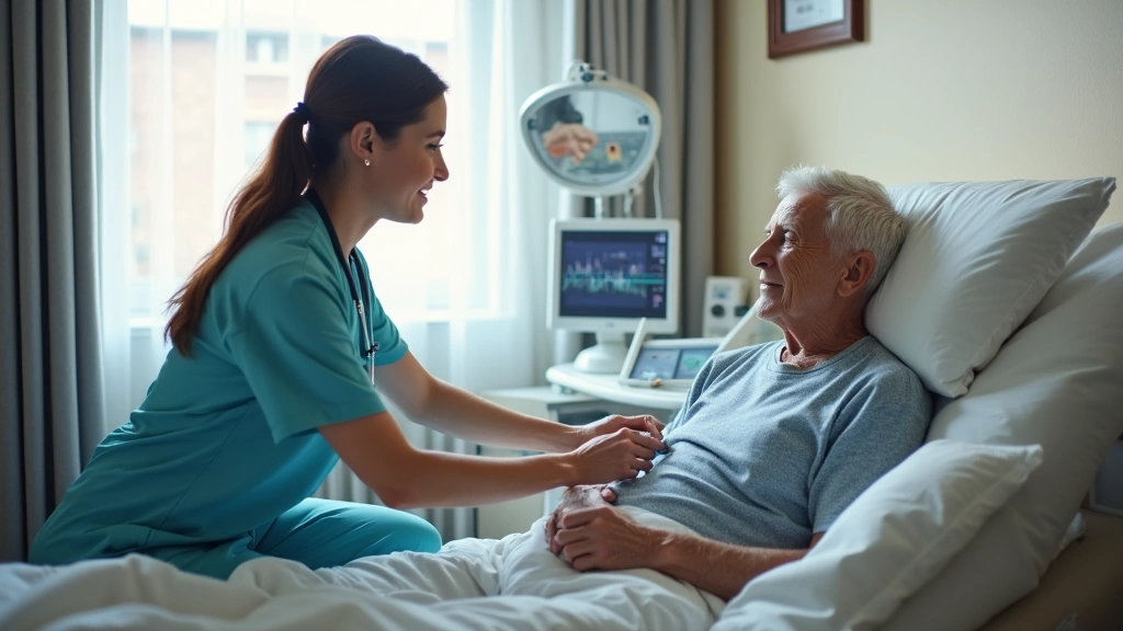 Skilled nurse checking vital signs of elderly patient in comfortable private room with medical monitoring equipment