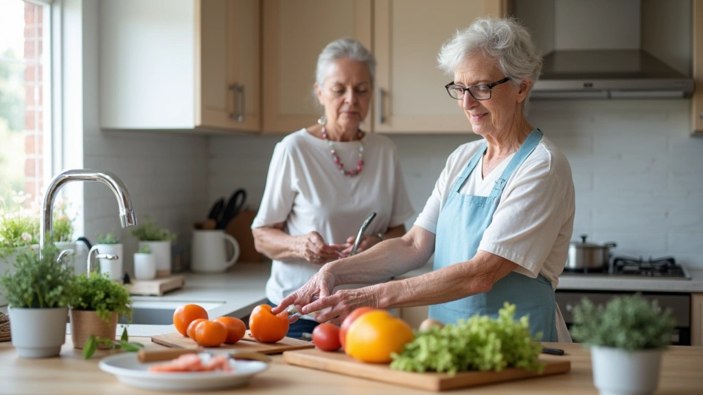 Occupational therapist helping senior woman practice activities of daily living in therapy kitchen setting