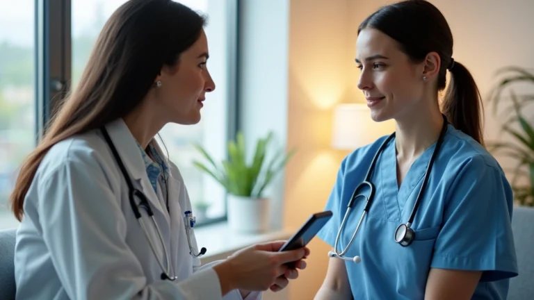 Professional nurse practitioner conducting primary care examination with patient in modern medical clinic setting, warm lighting, stethoscope visible