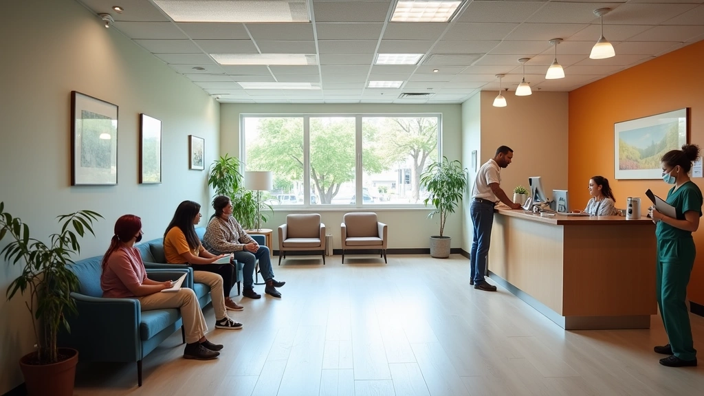 Diverse community health center waiting room with comfortable seating, welcoming reception desk, patients checking in, bright