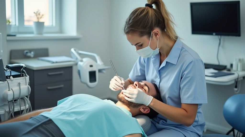 Dental hygienist performing teeth cleaning on patient in well-equipped dental operatory with modern equipment and professiona
