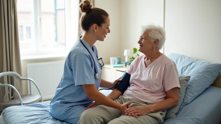 Professional home health nurse taking blood pressure of elderly patient in bright, accessible bedroom with grab bars and medical equipment visible