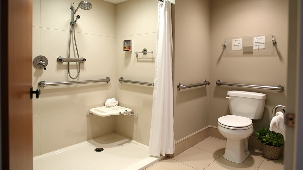 Modern accessible bathroom with grab bars, shower chair, and non-slip flooring in a home health setting with warm lighting