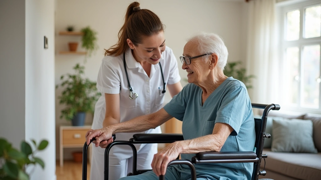 Adult caregiver assisting elderly patient with mobility using proper body mechanics and safety equipment in a home environmen